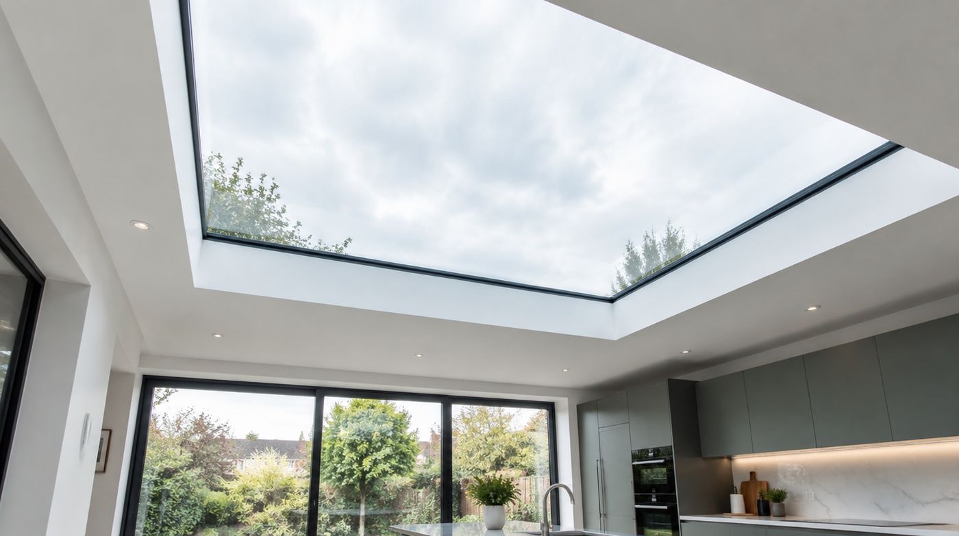 A large flat rooflight glazed in laminated glass over a kitchen extension, seen from below