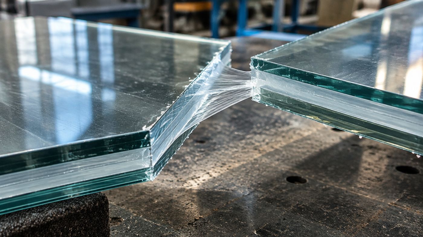 Laminated glass being opened along a score line, the interlayer stretching between the halves