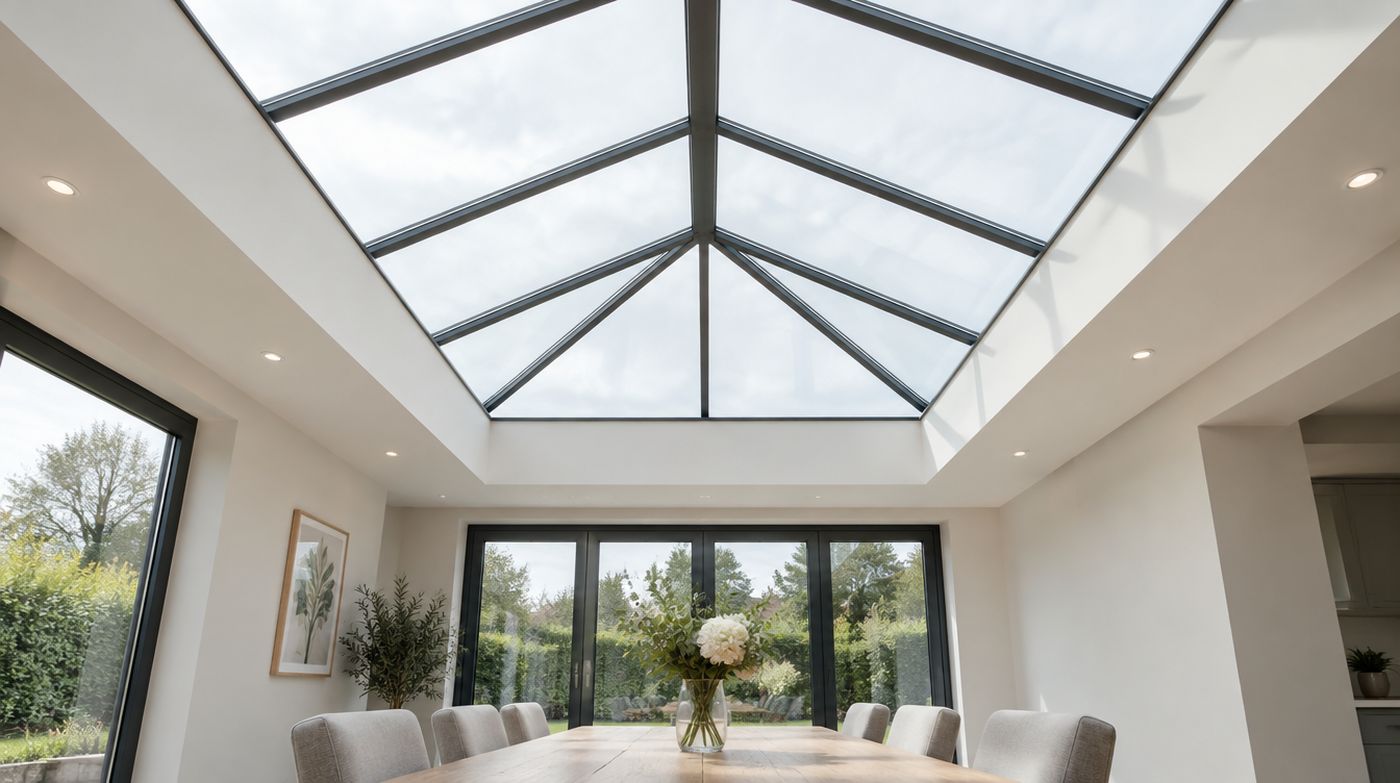 A pitched glass roof lantern over a dining area, glazed in laminated glass