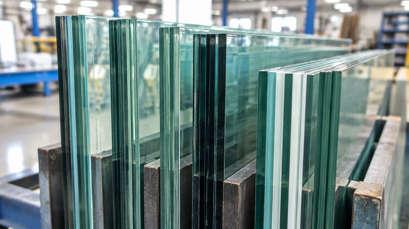 Laminated panels of different thicknesses in a rack, the interlayer lines visible in the edges