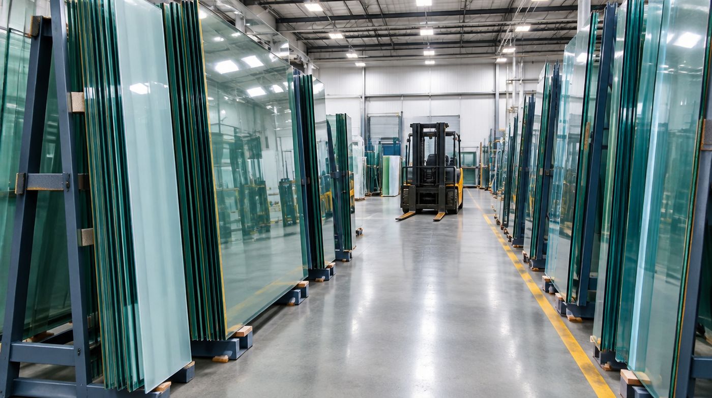 Laminated glass sheets in A-frames in a warehouse, interlayer edges catching the light