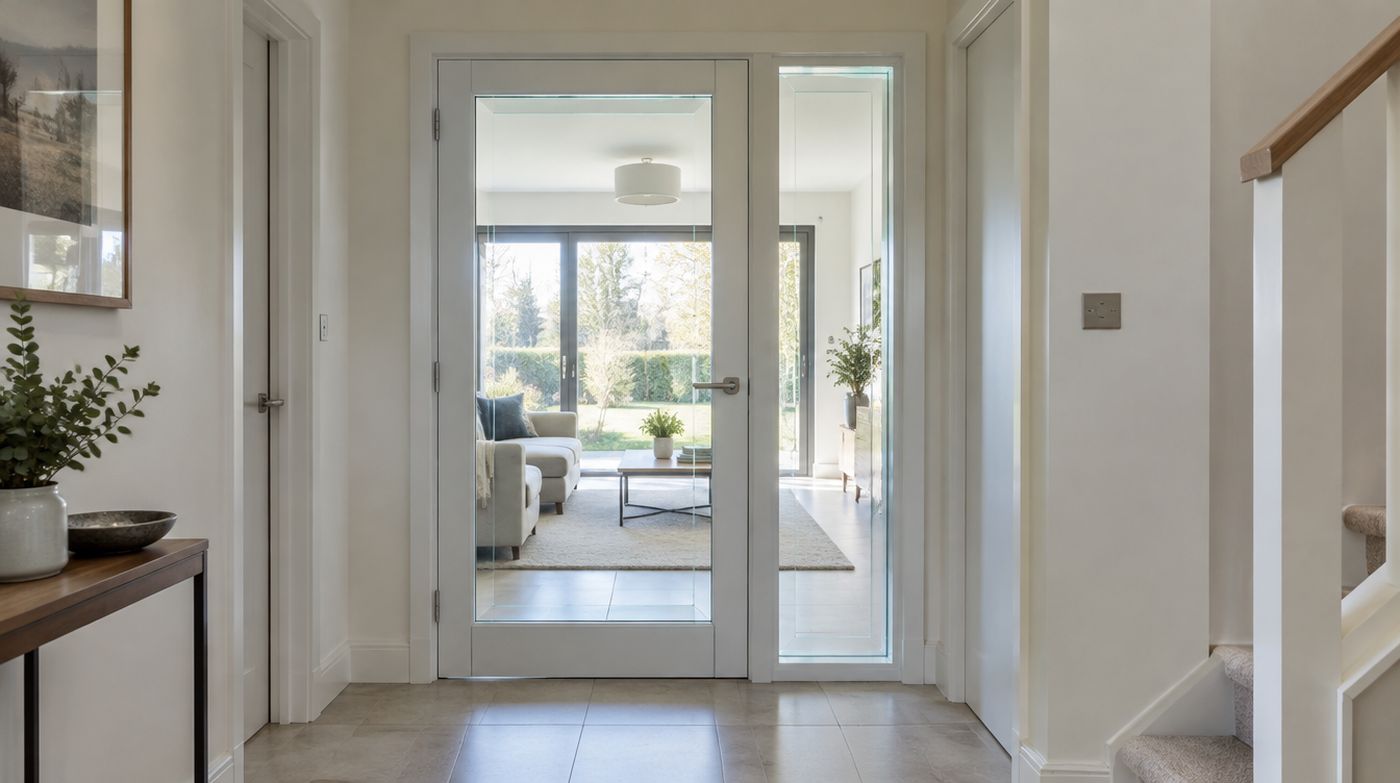 A glazed internal door and side panel in a hallway, the glass clearly thick and laminated