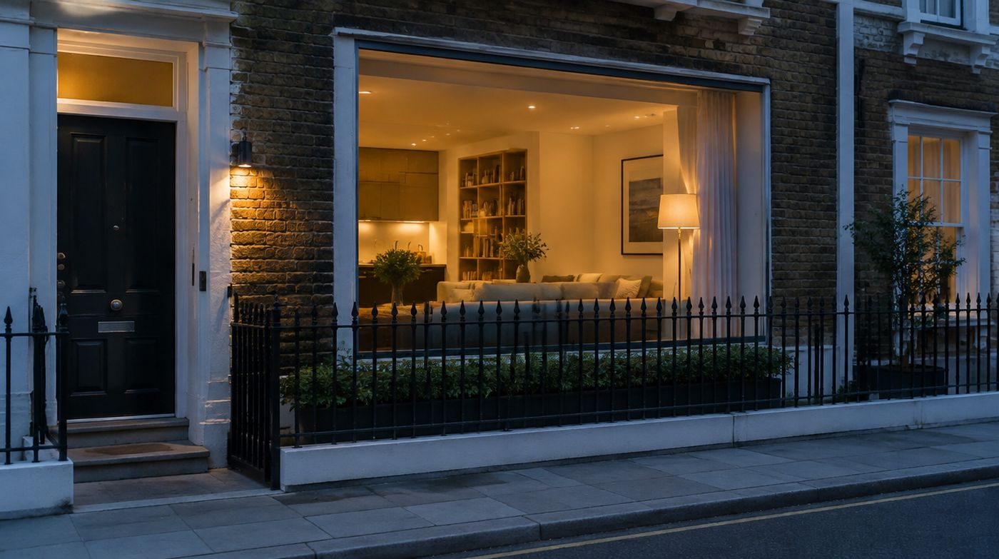 A ground floor London window with substantial glazing in a slim frame, lit from inside at dusk