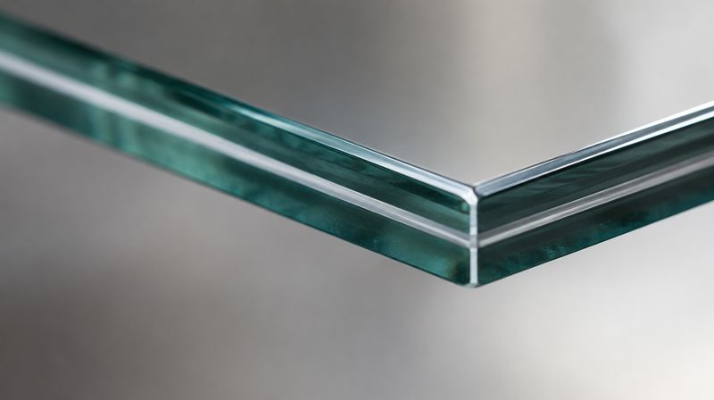 The polished edge of a laminated pane, showing two layers of glass either side of the interlayer
