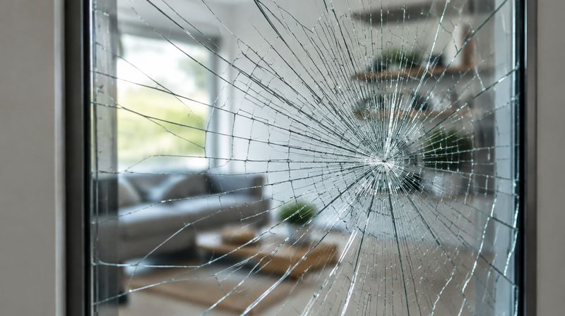 A cracked laminated pane held together by its interlayer, still intact in the frame