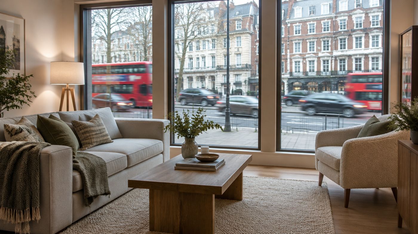 A quiet living room behind large windows, with traffic moving on the road outside