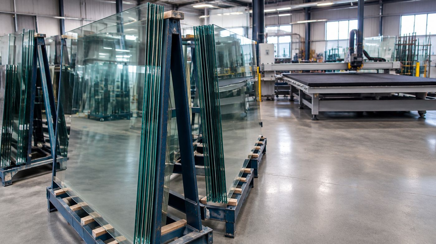 Laminated glass sheets stored on edge in racks, the interlayer visible in the polished edges